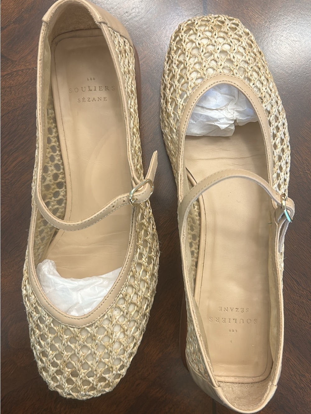 Sézane Aubane Low Babies Beige Raffia Mary Jane Flats